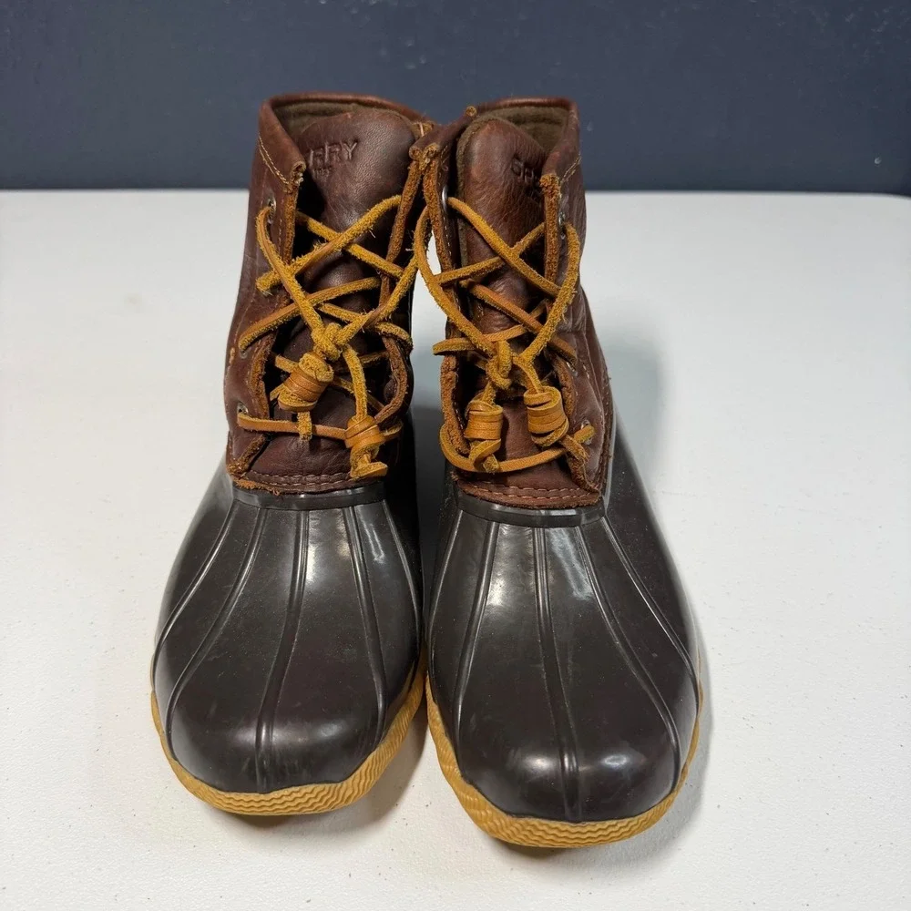 Sperry Saltwater Duck Boots 6 Brown‎ Leather Waterproof Side Zip STS91176